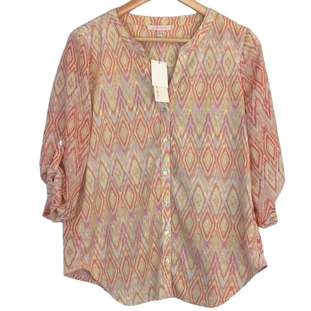 Under‎ Skies Women’s M NEW Rolled Up Sleeve Print Button Blouse